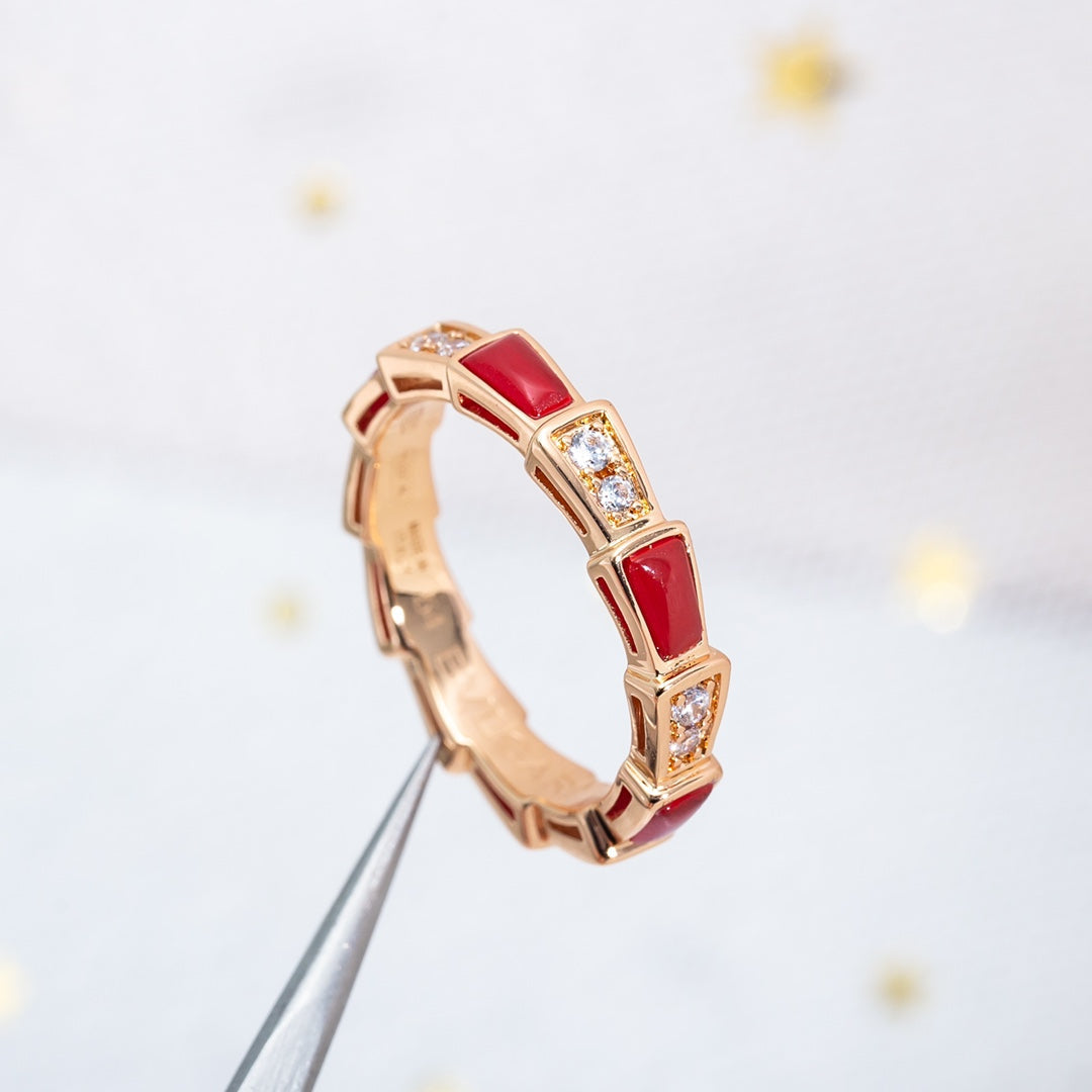 BVLGARI SERPENTI RING PINK GOLD CARNELIAN DIAMOND 3MM