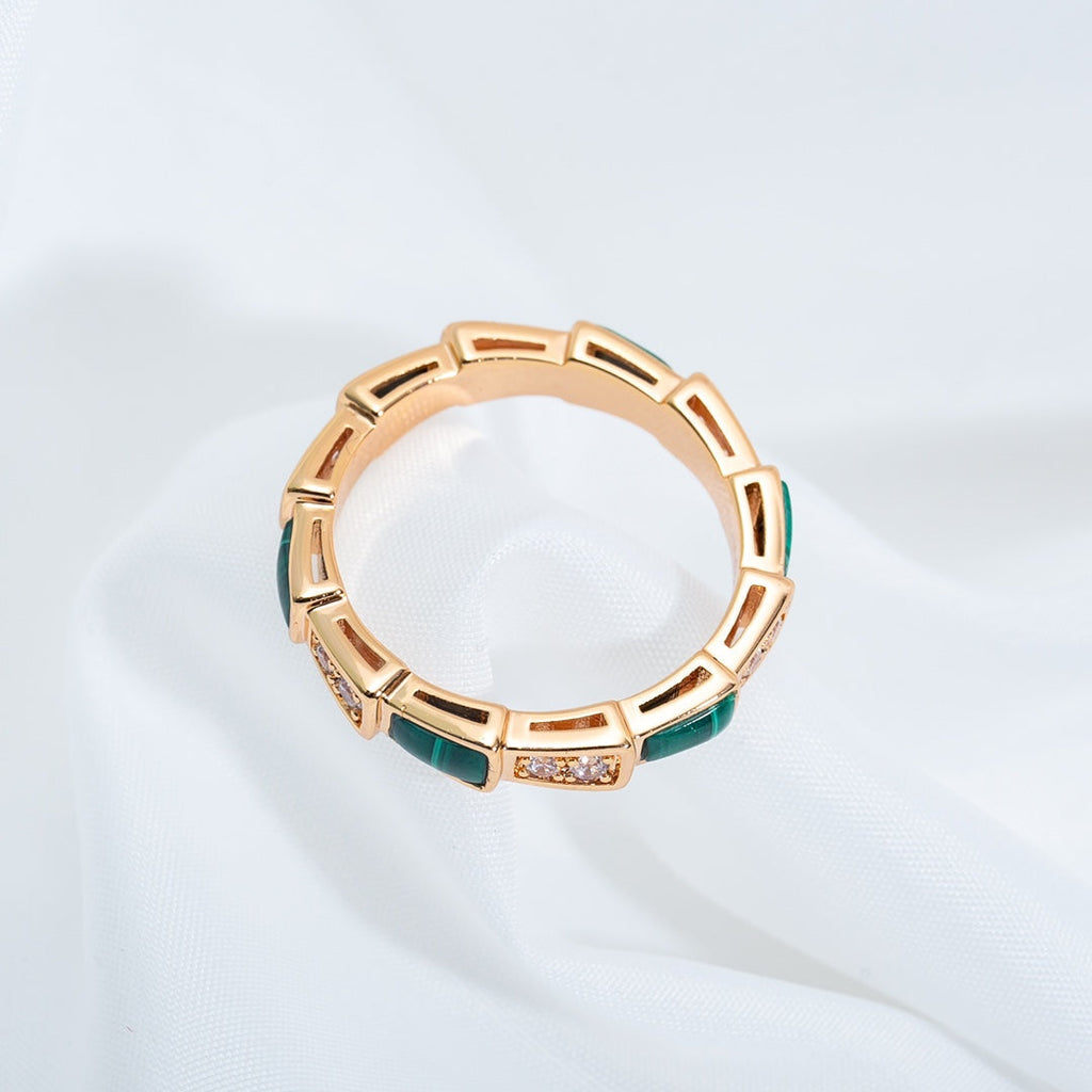 BVLGARI SERPENTI RING PINK GOLD MALACHITE DIAMOND 3MM
