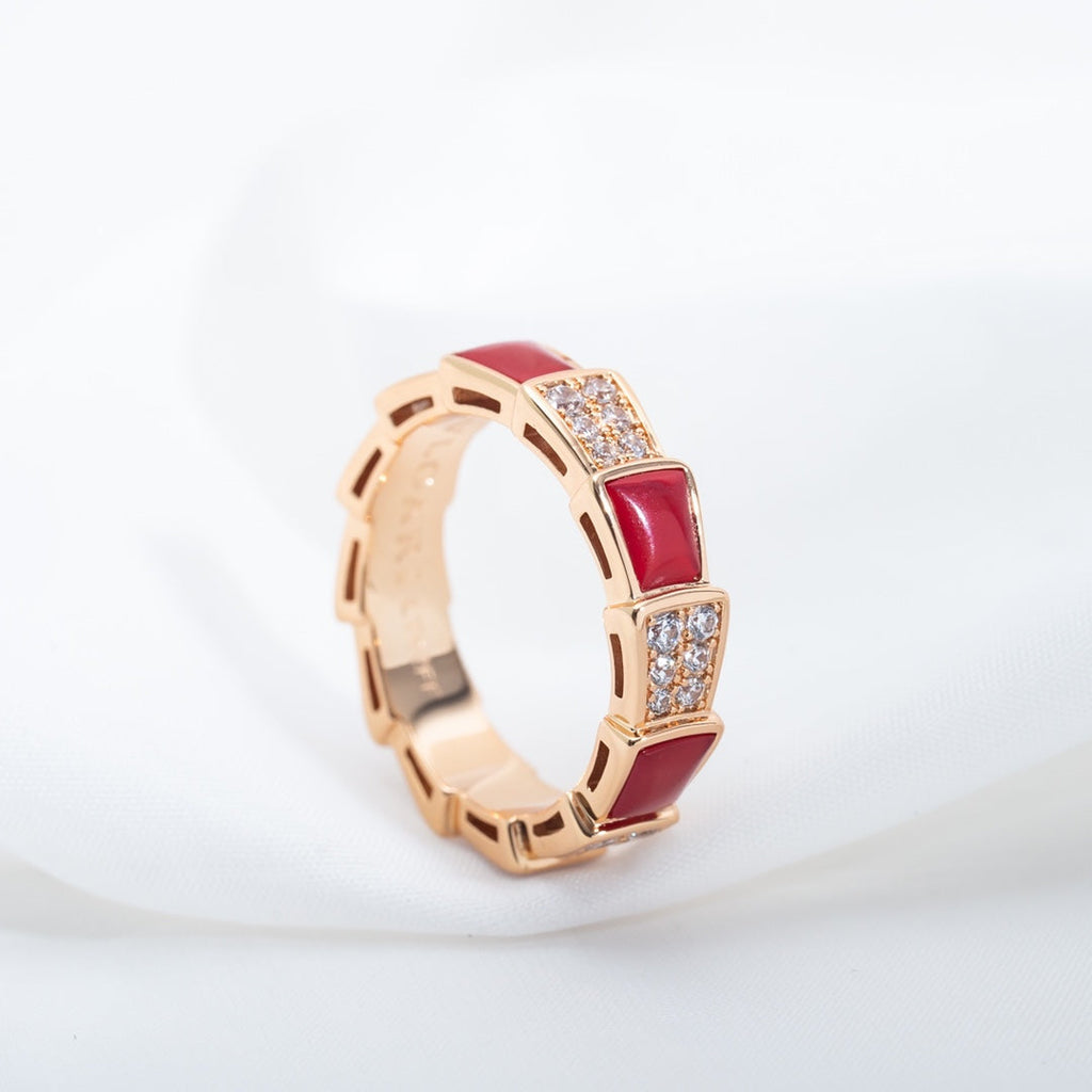 BVLGARI SERPENTI RING PINK GOLD CARNELIAN DIAMOND PAVED 4MM