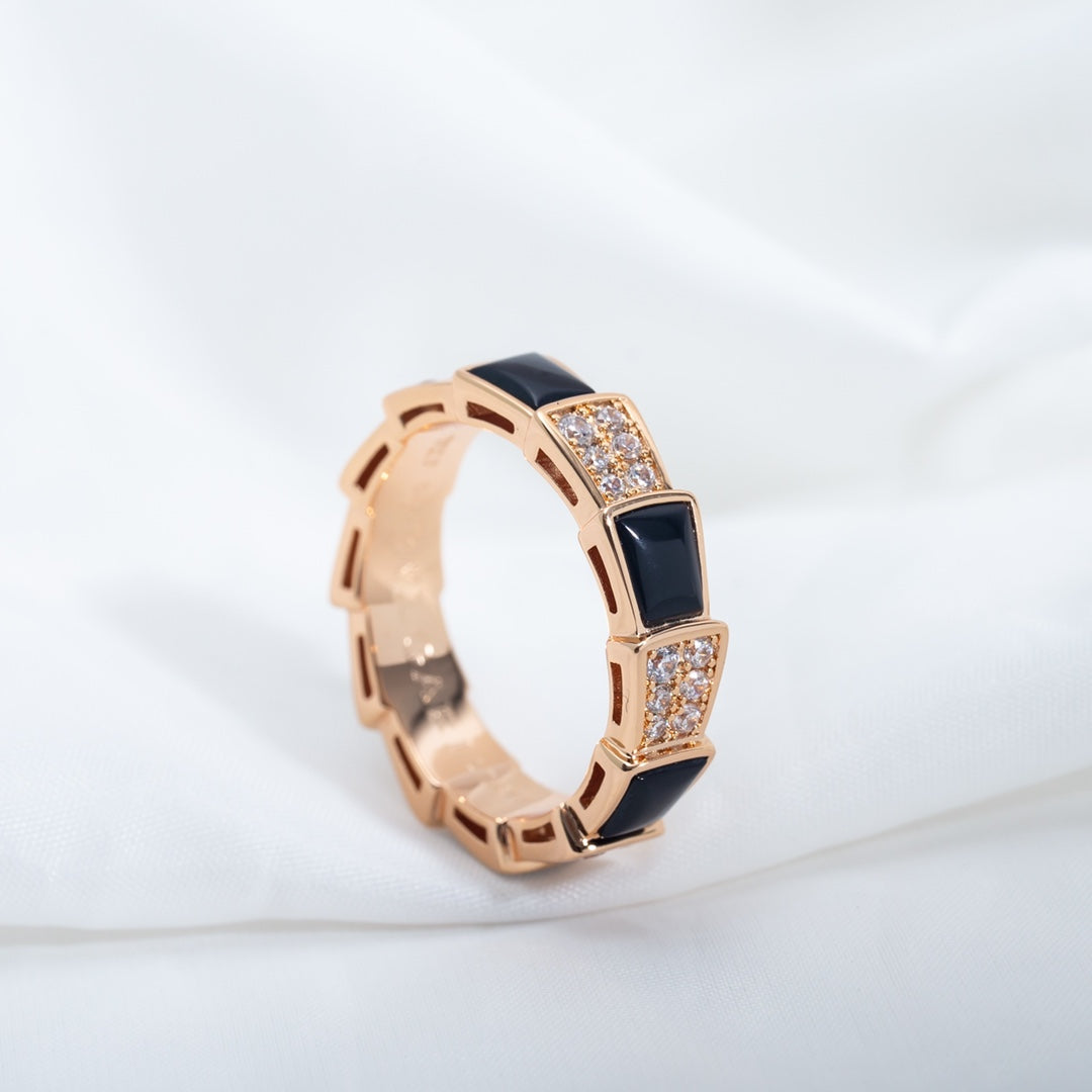 BVLGARI SERPENTI RING PINK GOLD BLACK MOP DIAMOND PAVED 4MM