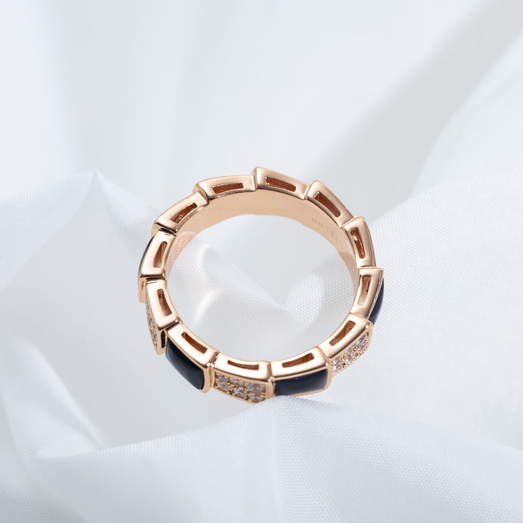 BVLGARI SERPENTI RING PINK GOLD BLACK MOP DIAMOND PAVED 4MM