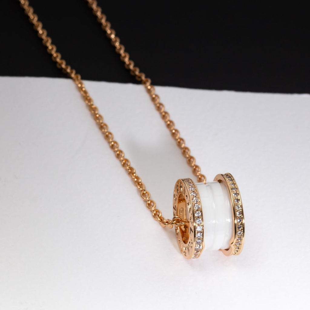 BVLGARI ZERO 1 WHITE CERAMIC PINK GOLD DIAMOND NECKLACE