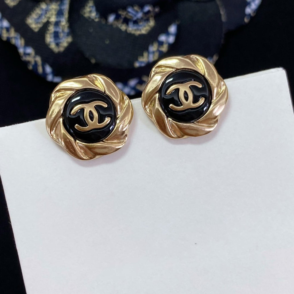 Chanel Double C Mini Stud Gold Black Earrings
