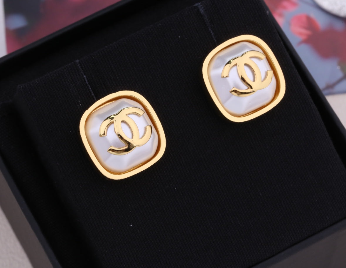 Chanel Double C Gold Mop Stud Earrings