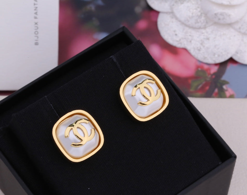 Chanel Double C Gold Mop Stud Earrings