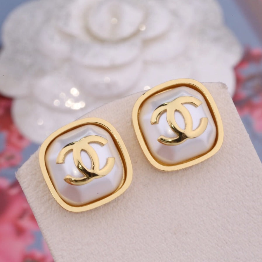 Chanel Double C Gold Mop Stud Earrings