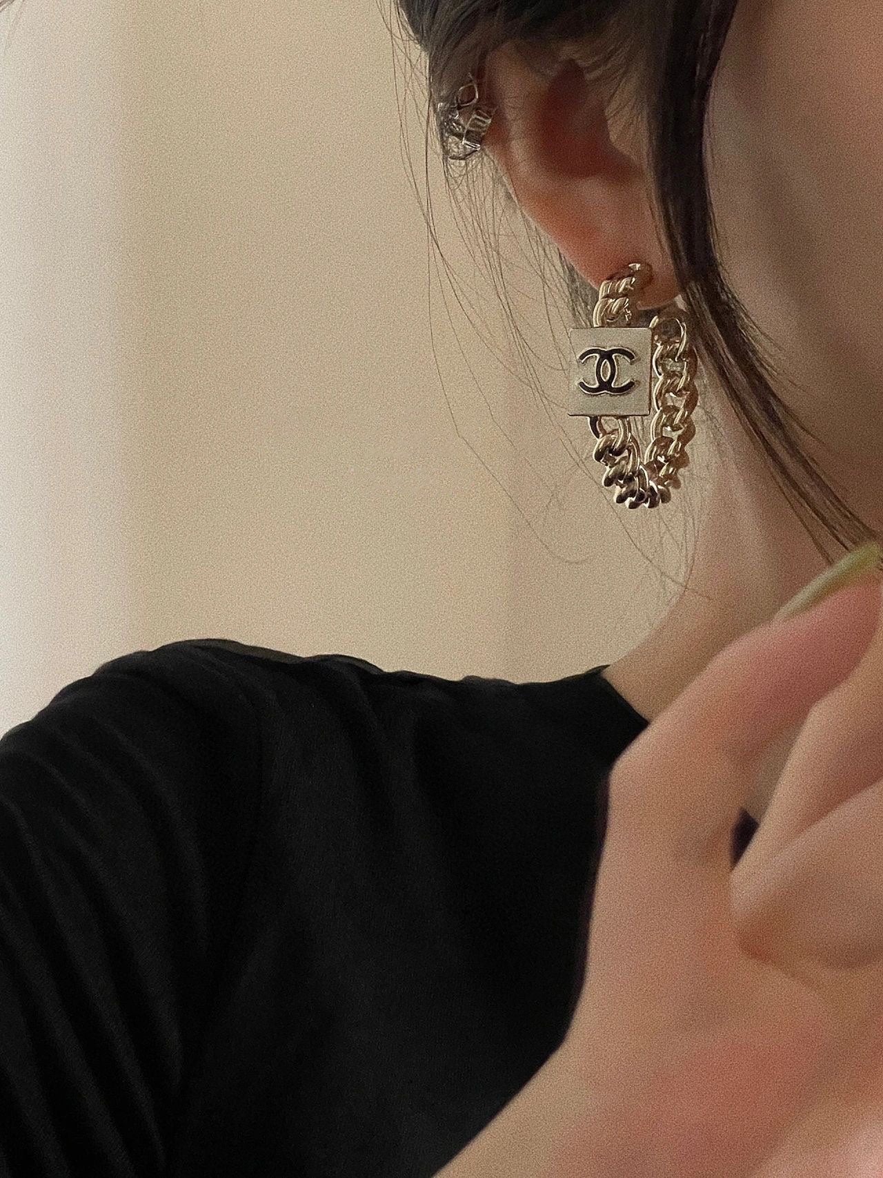 Chanel Double C Black White Hoop Earrings