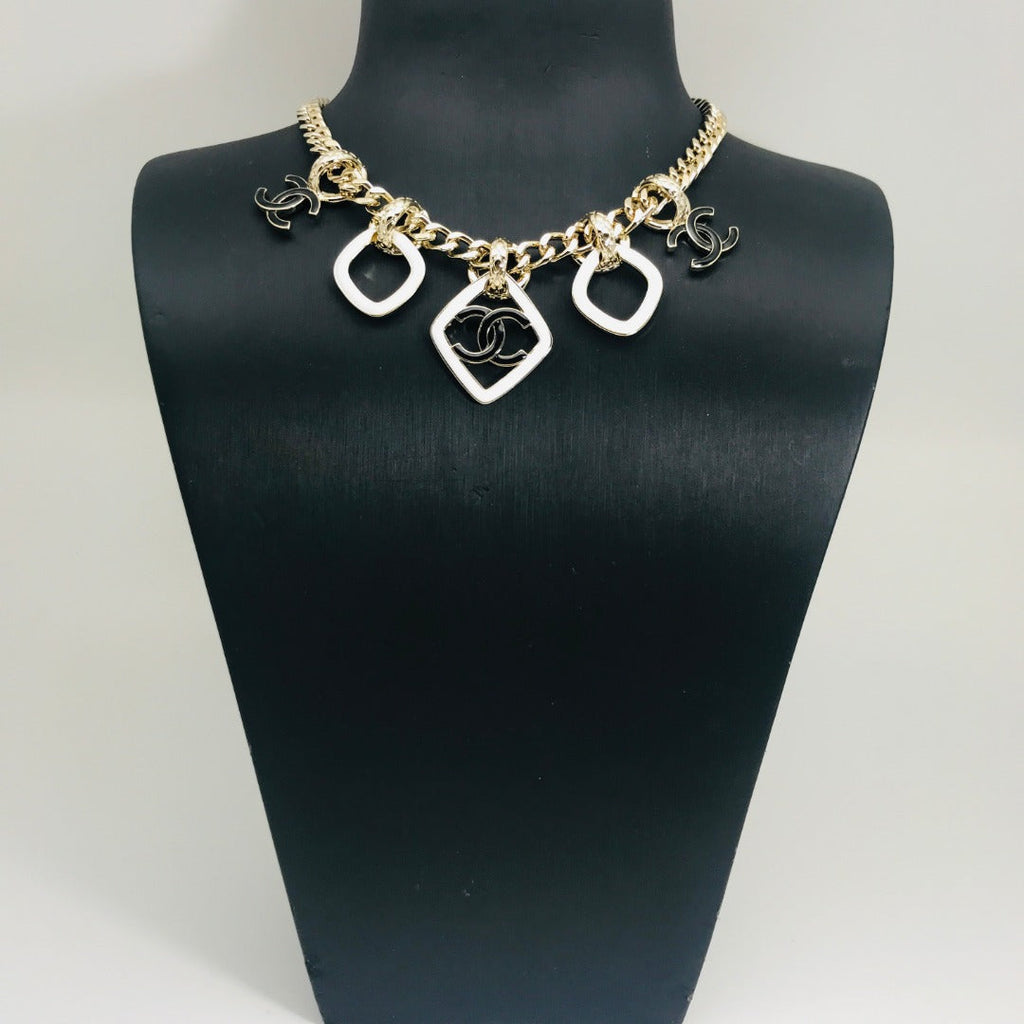 Chanel Multi Charm Pink Gold Black Enamel Necklace