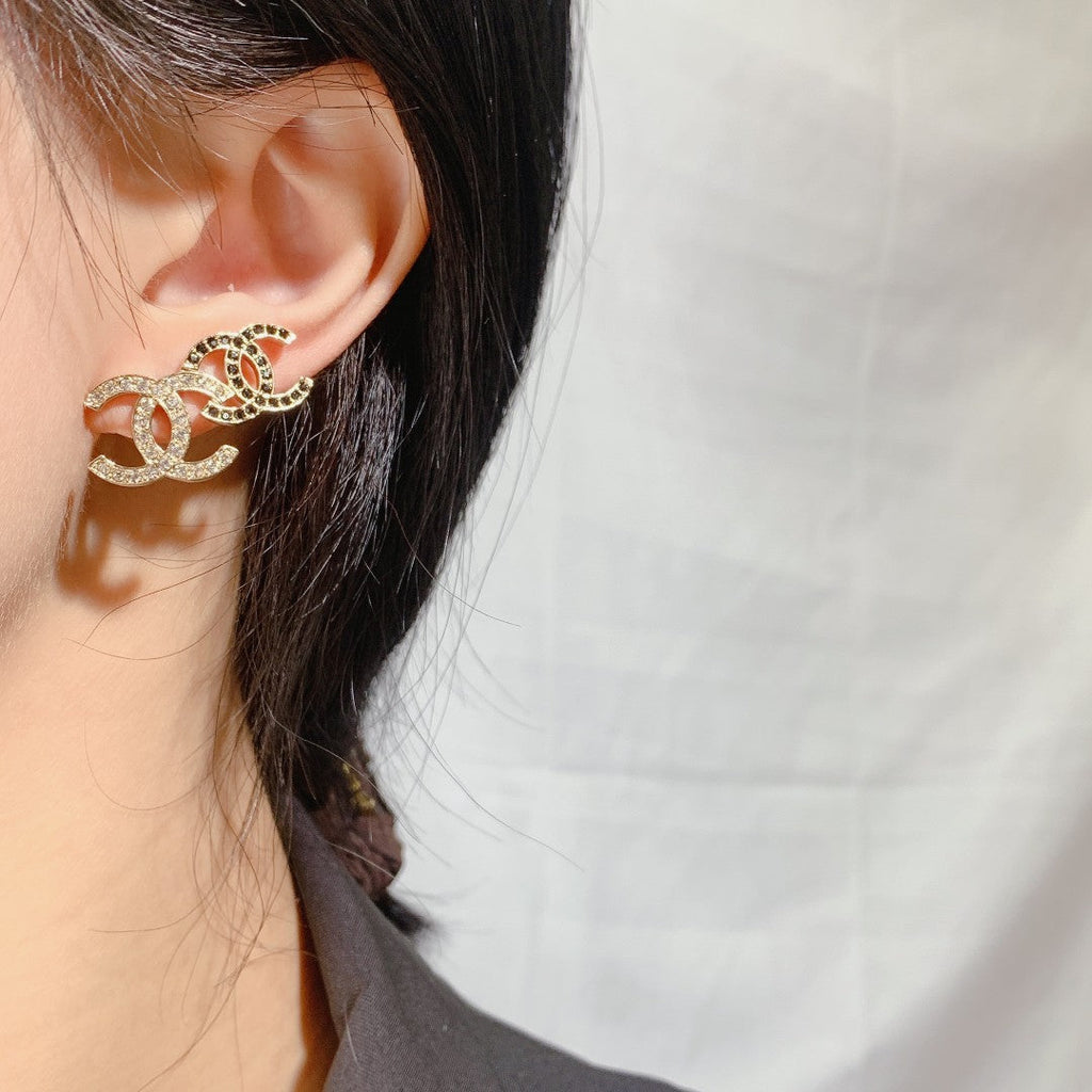 Chanel Double Stud Double C Diamond Gold Earrings