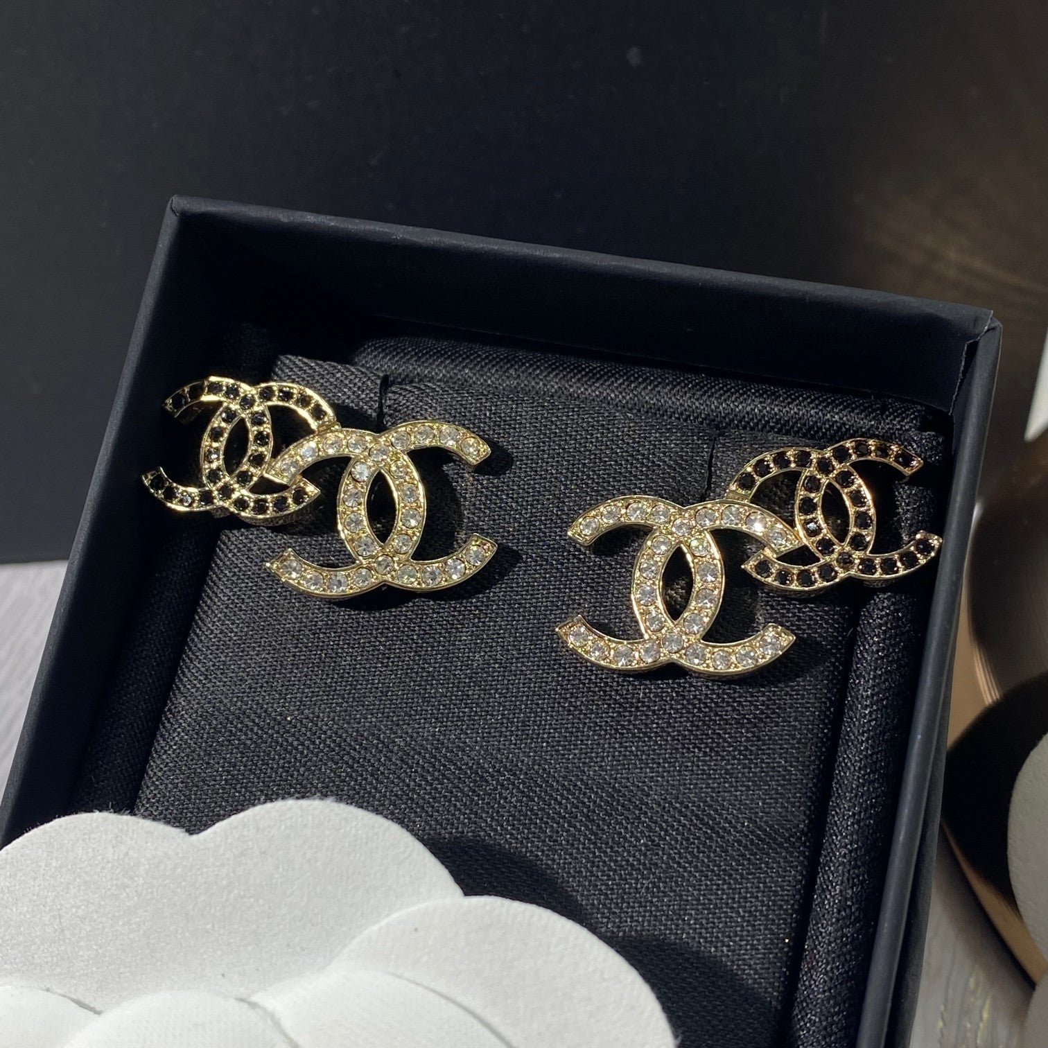 Chanel Double Stud Double C Diamond Gold Earrings