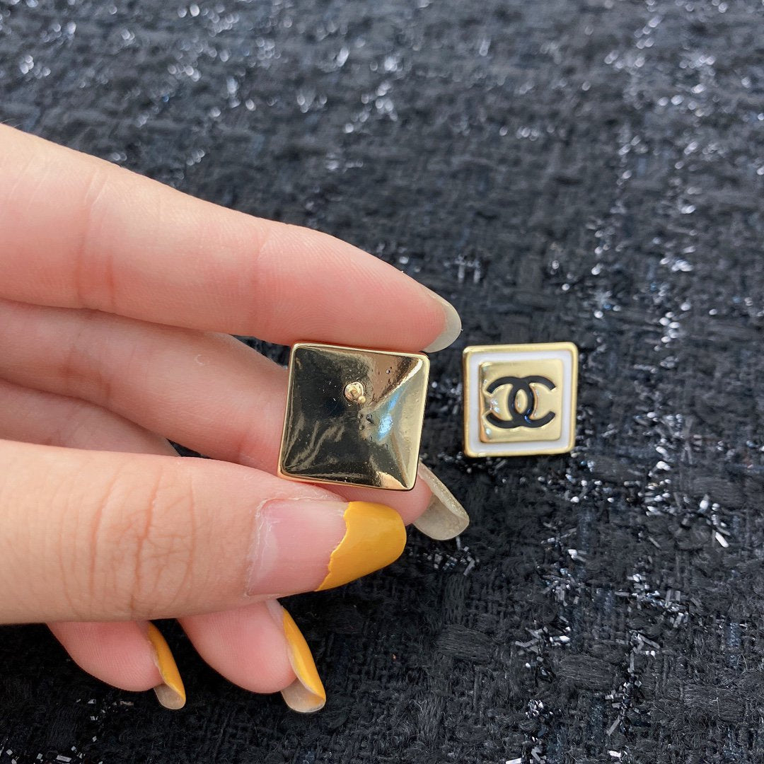 Chanel Square Gold Black Stud Earrings