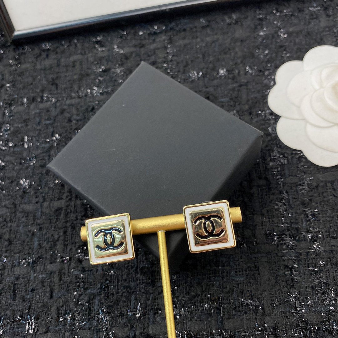 Chanel Square Gold Black Stud Earrings