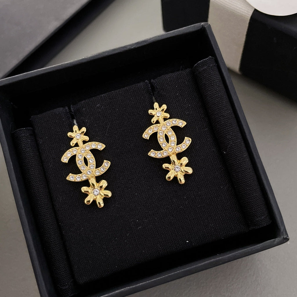 Chanel Double Flower Chanel Gold Diamond Drop Earrings