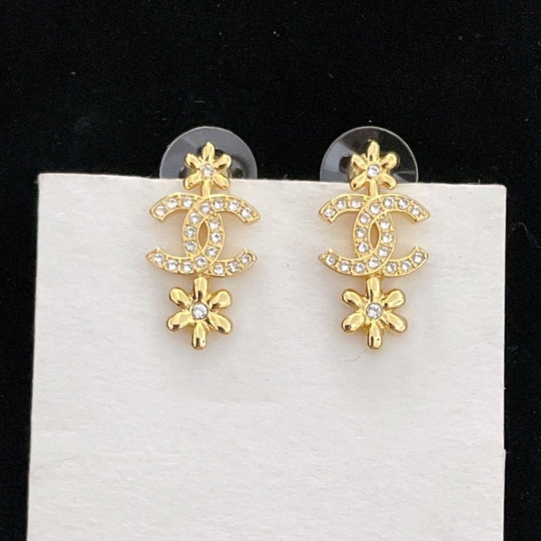 Chanel Double Flower Chanel Gold Diamond Drop Earrings