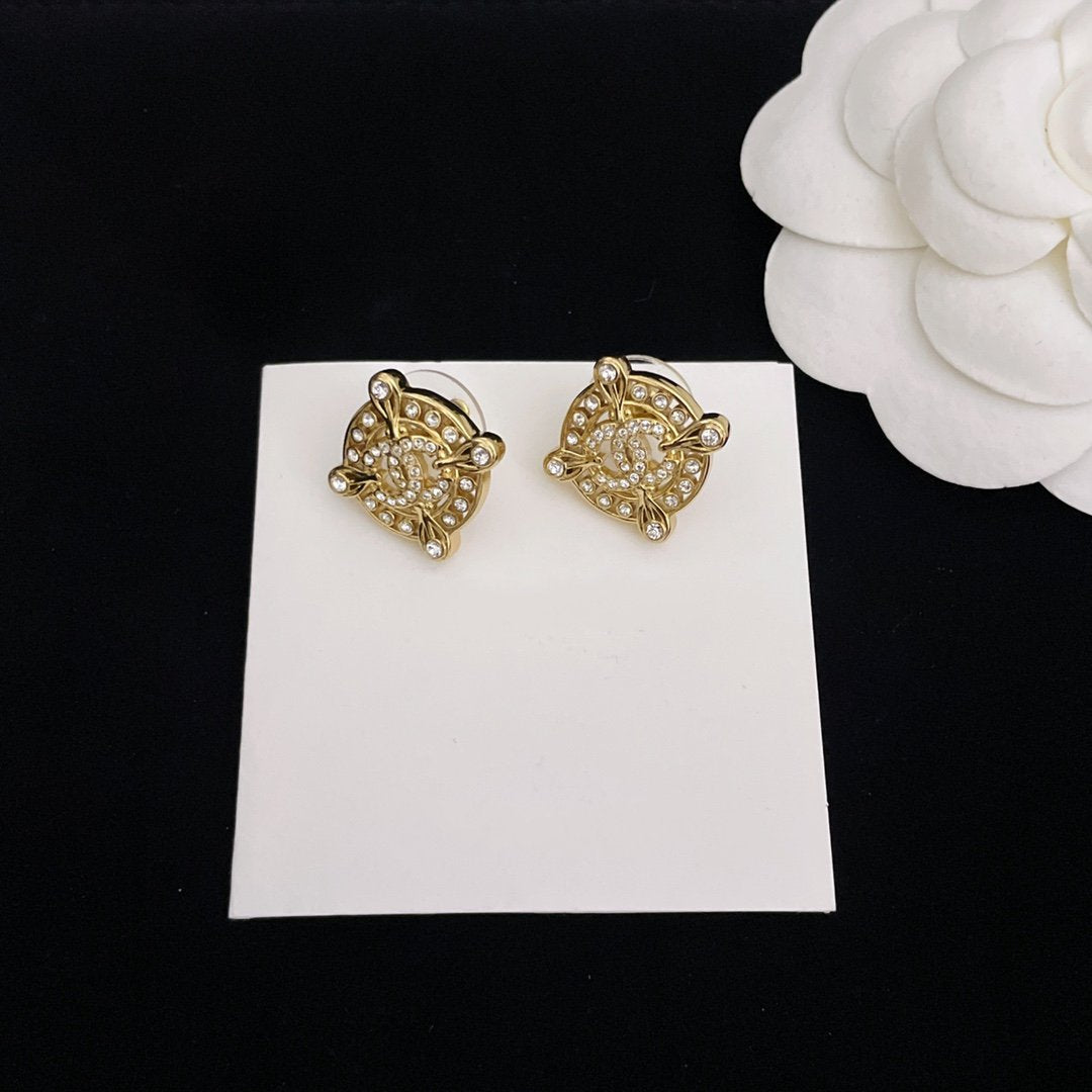 Chanel Double C Circle Gold Stud Earrings