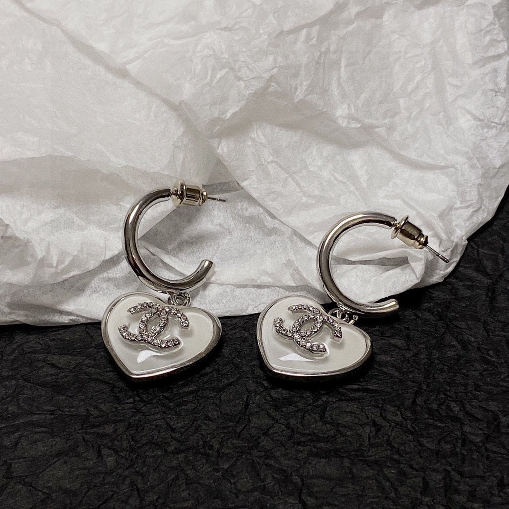 Chanel Silver White Enamel Hoop Earrings