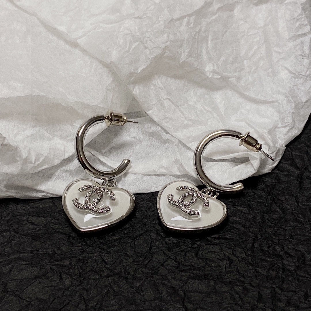Chanel Silver White Enamel Hoop Earrings
