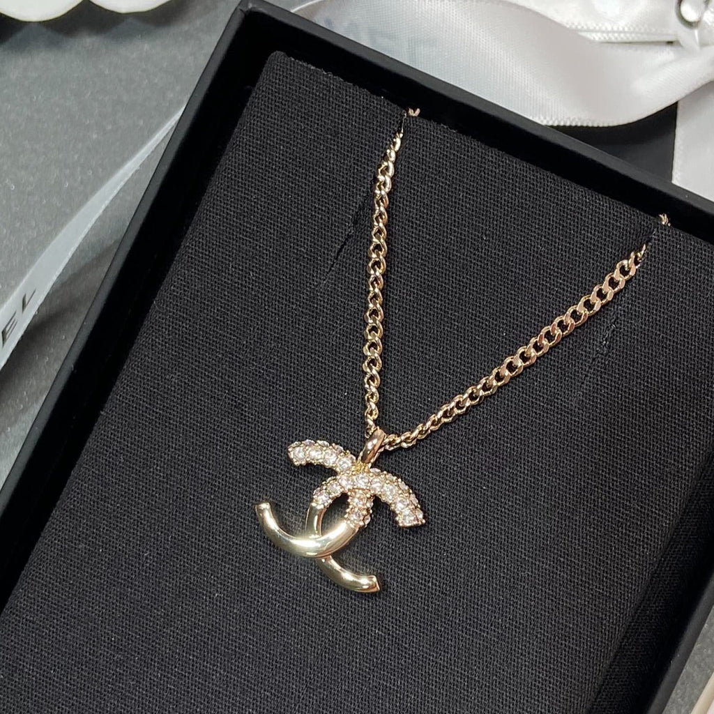Chanel Pedant Half Diamond Pink Gold Necklace