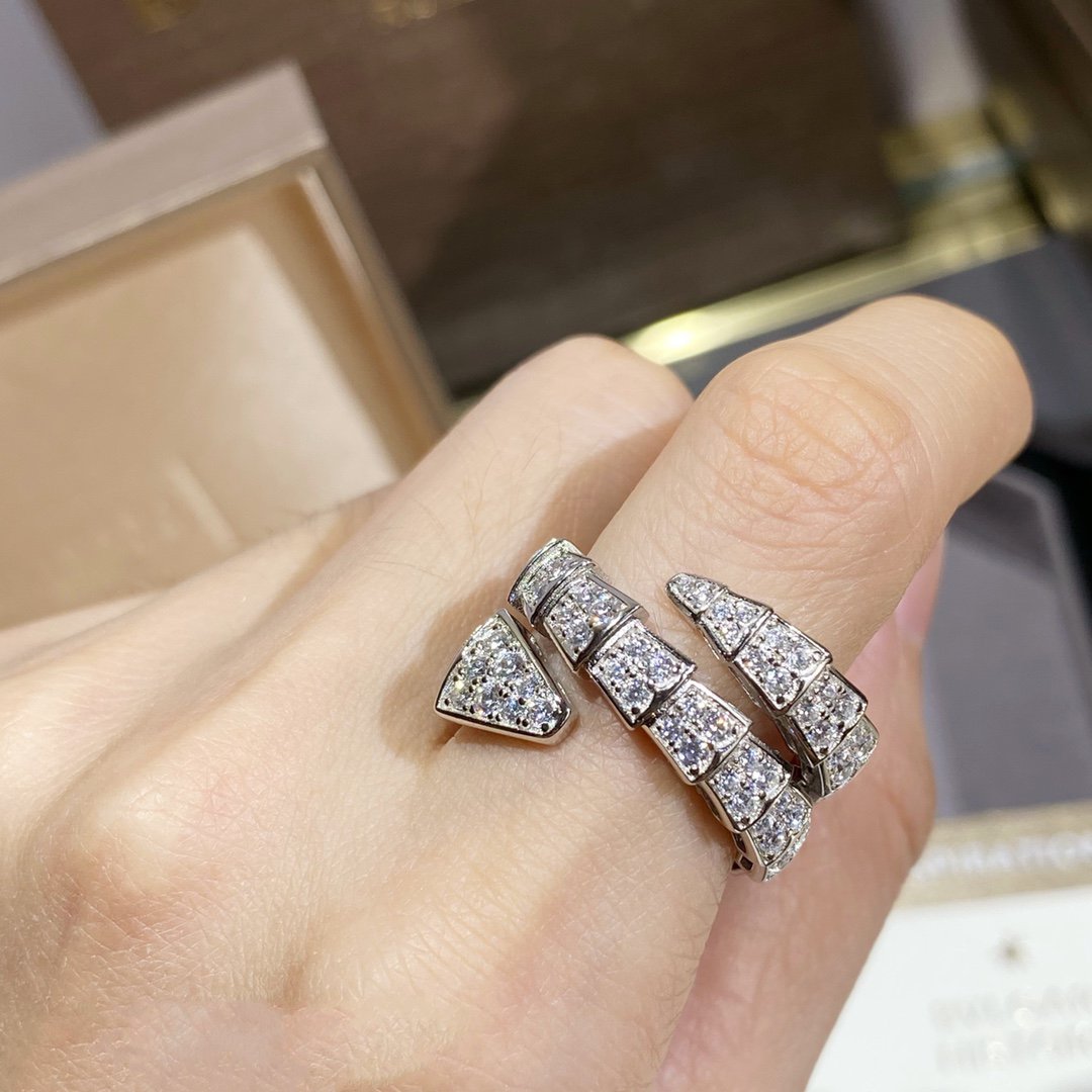 BVLGARI SERPENTI DOUBLE RING SILVER DIAMOND PAVED