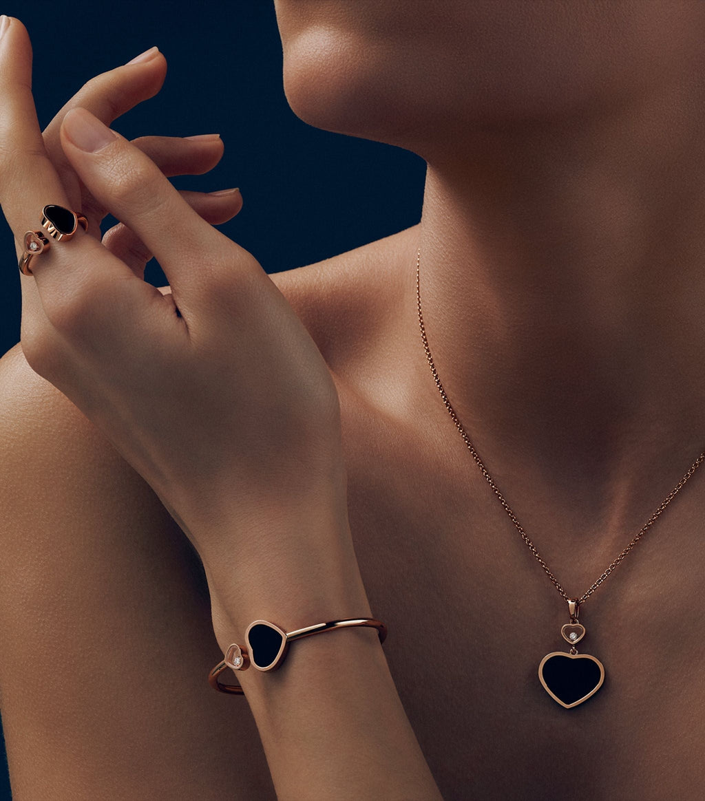 CHOPARD HAPPY HEART ONYX NECKLACE PINK GOLD DIAMOND