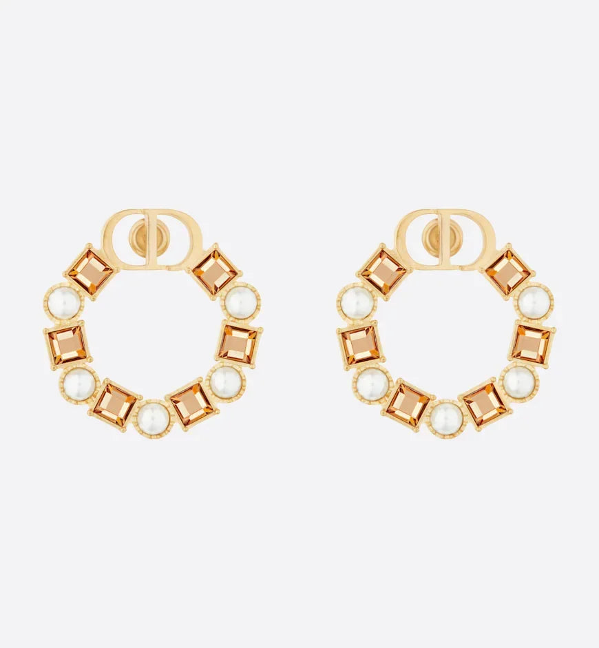 DIOR CD EARRINGS GOLD-FINISH METAL WITH RESIN PEARLS AND AMBER-COLORED CRYSTALS