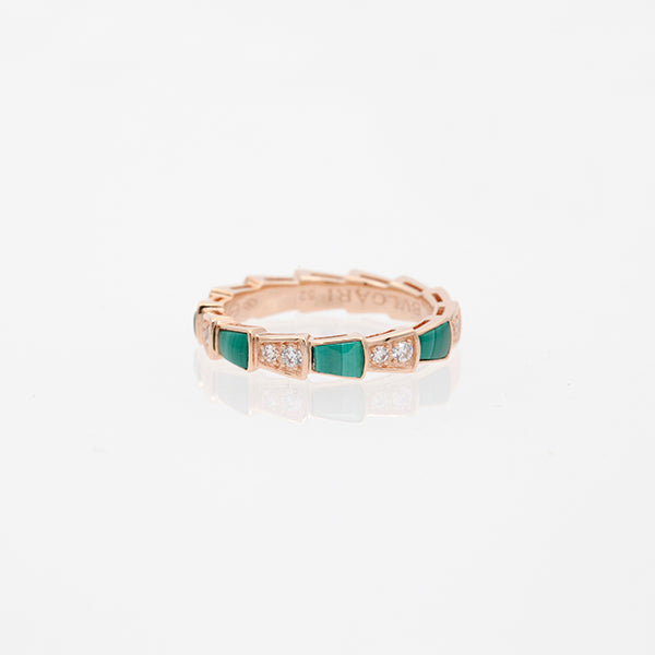 BVLGARI SERPENTI RING PINK GOLD MALACHITE DIAMOND 3MM