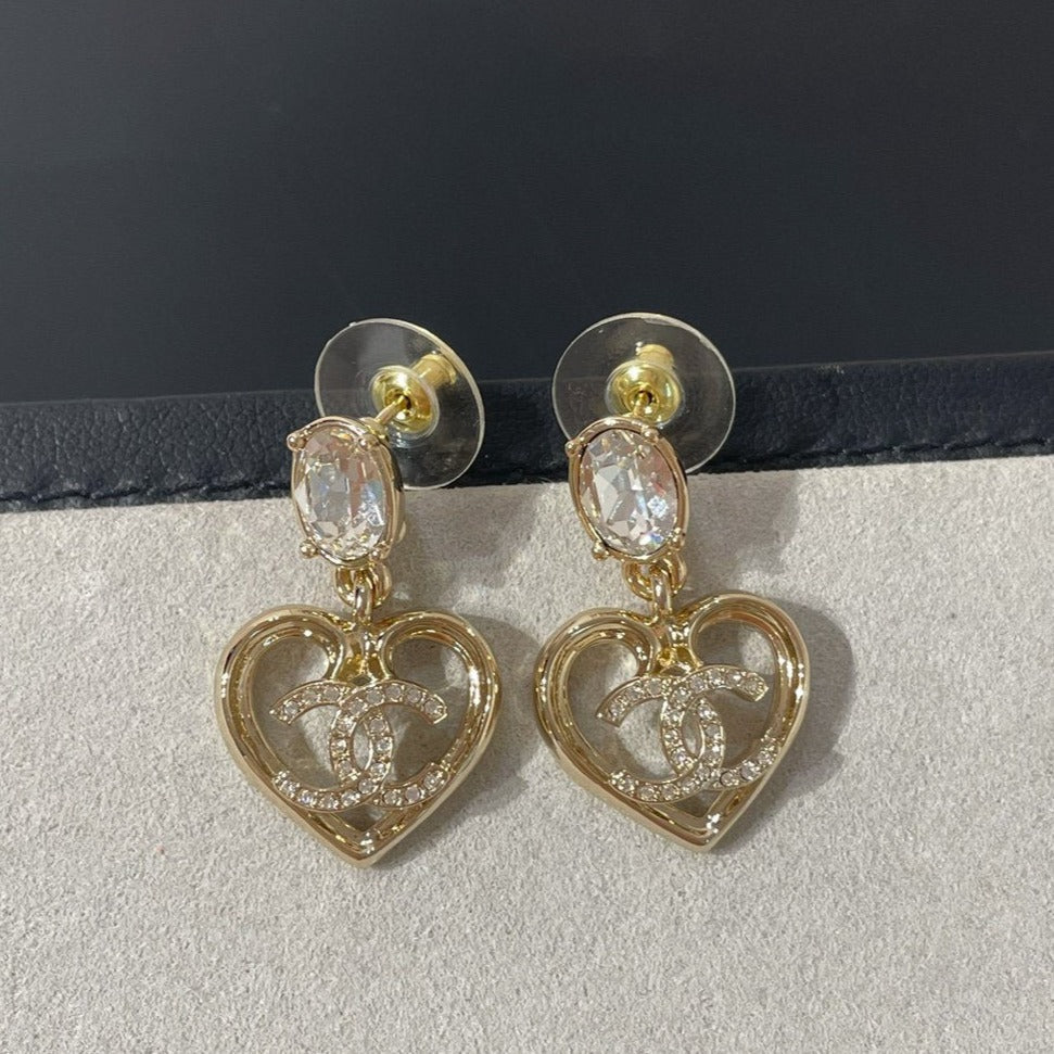 Chanel Strass Crystal Heart Drop Light Gold Earrings
