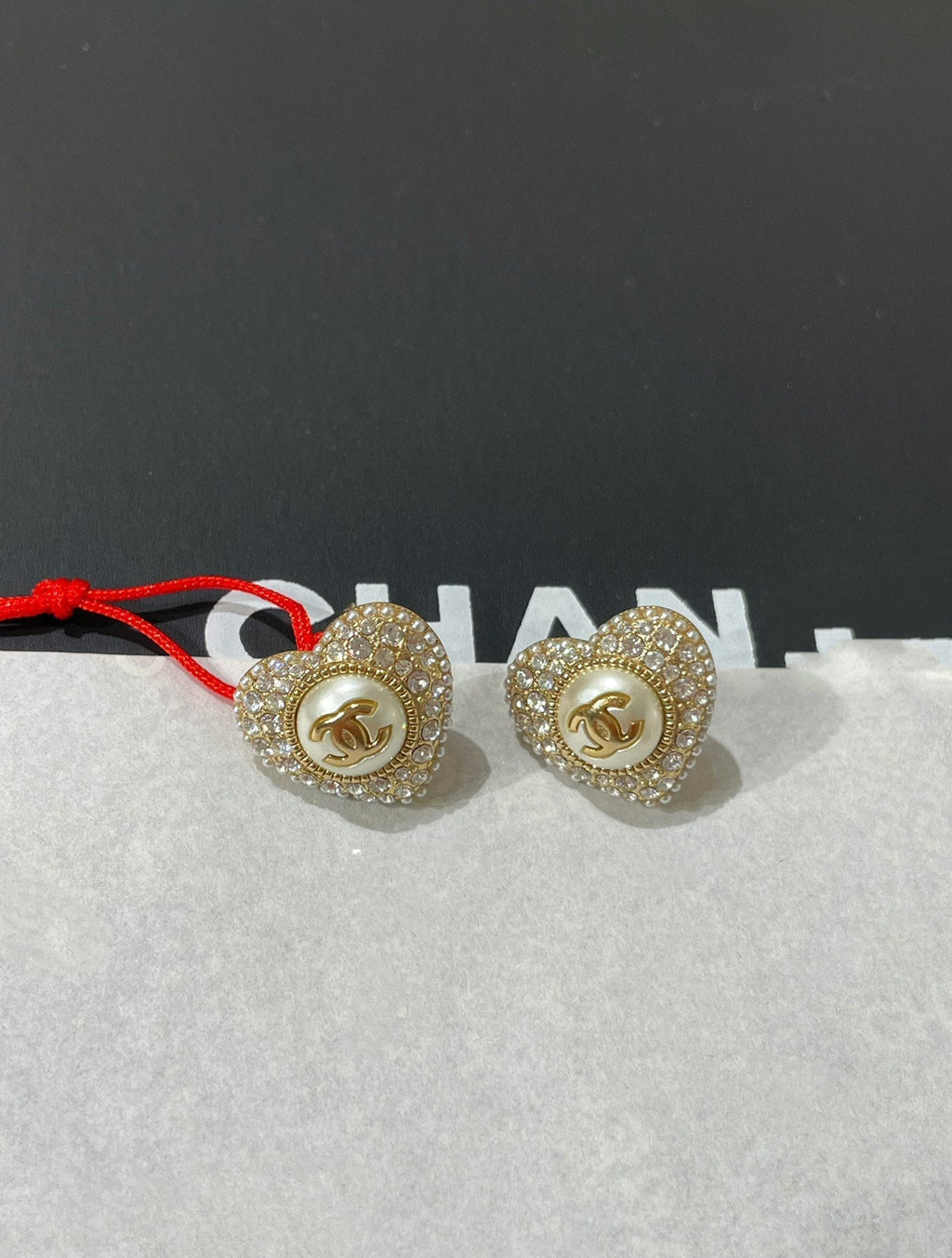 Chanel Heart Diamond Paved Mop Stud Earrings