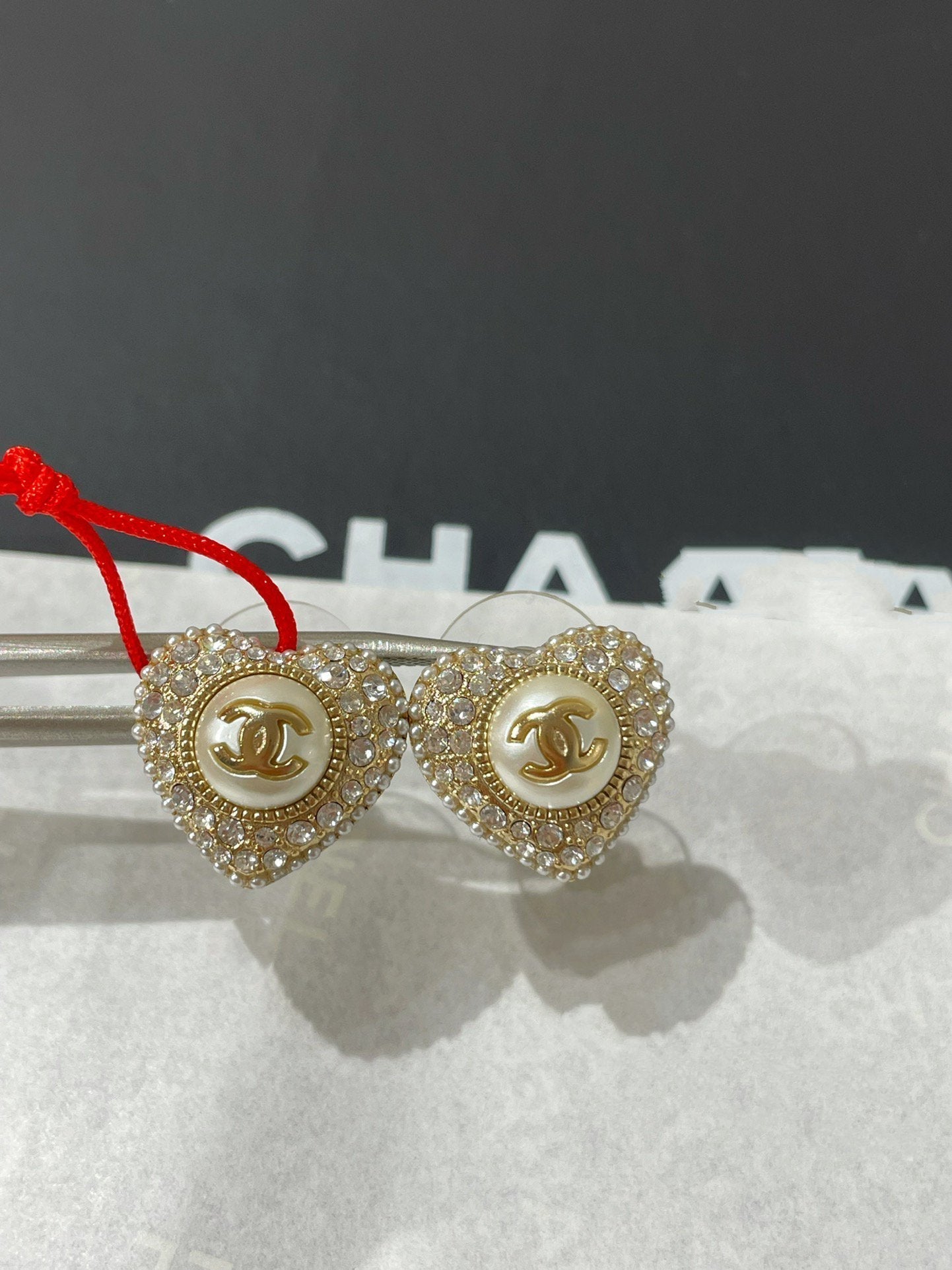 Chanel Heart Diamond Paved Mop Stud Earrings