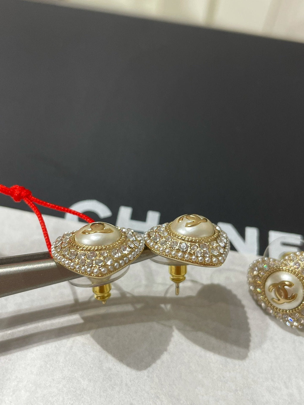 Chanel Heart Diamond Paved Mop Stud Earrings