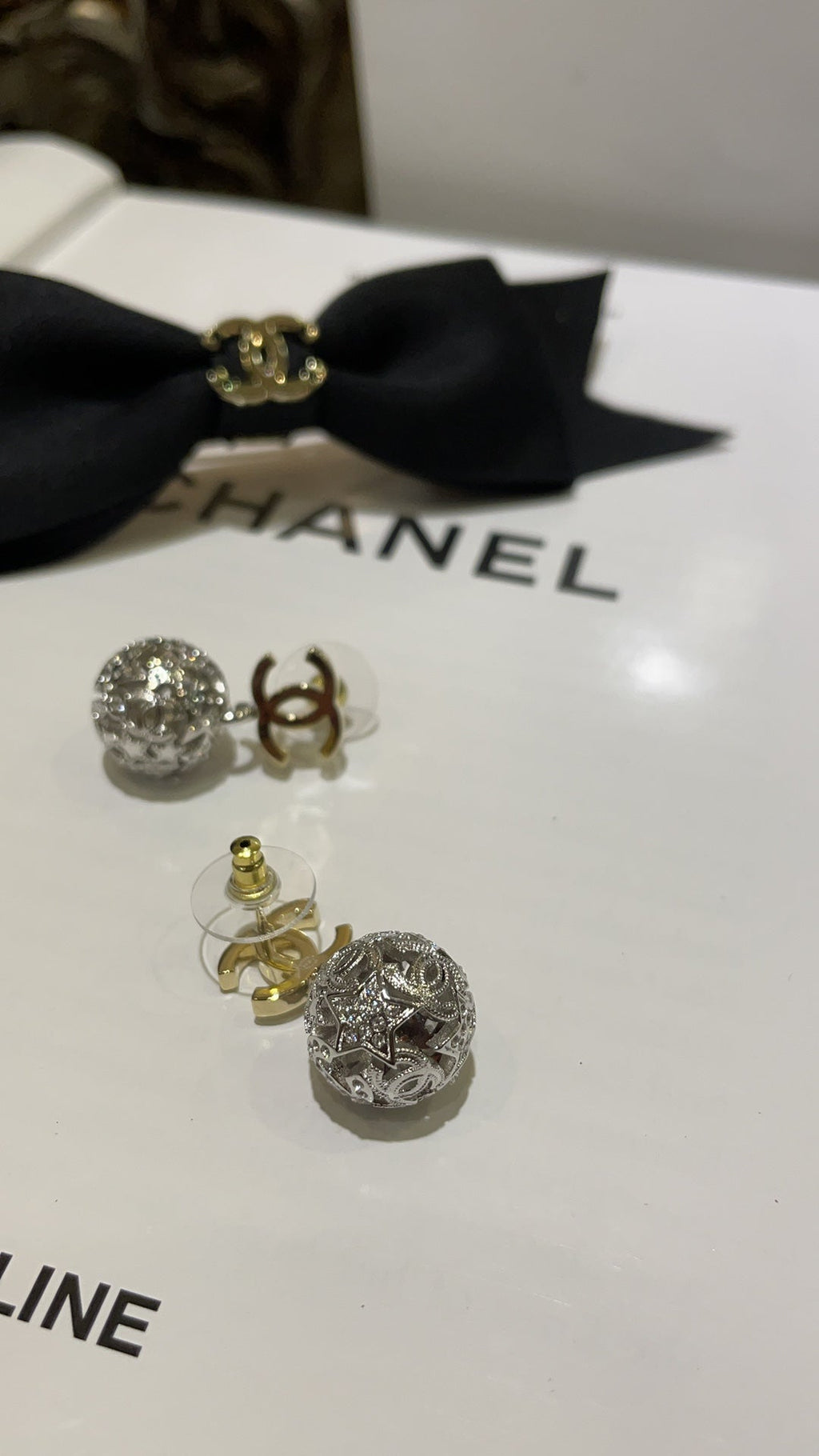 Chanel Gold Double C Silver Hollow Star Round Earrings