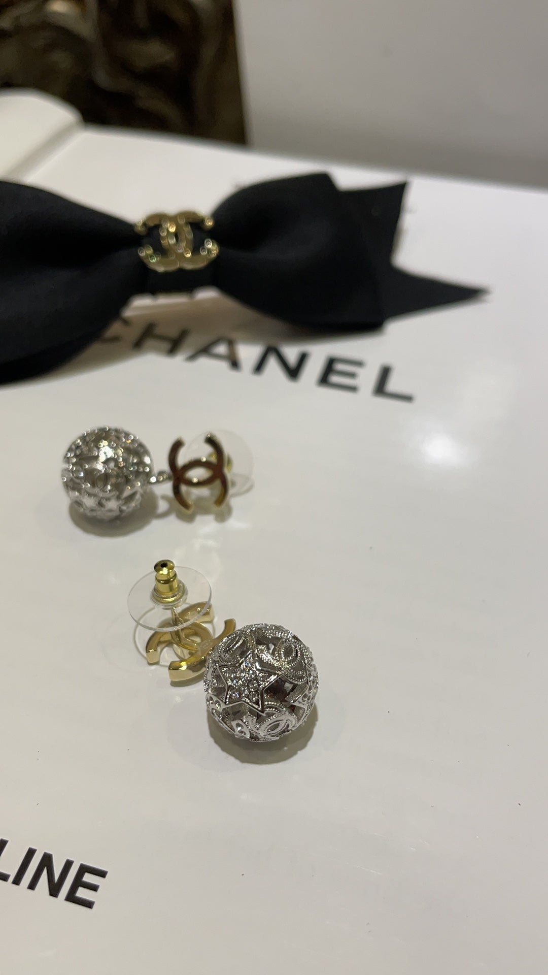 Chanel Gold Double C Silver Hollow Star Round Earrings