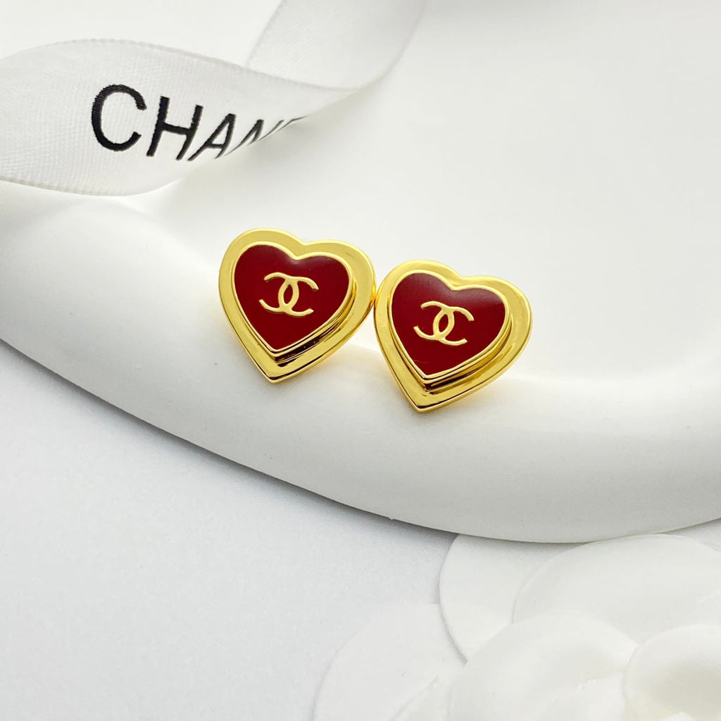 Chanel Red Enamel Gold Double C Heart Earrings