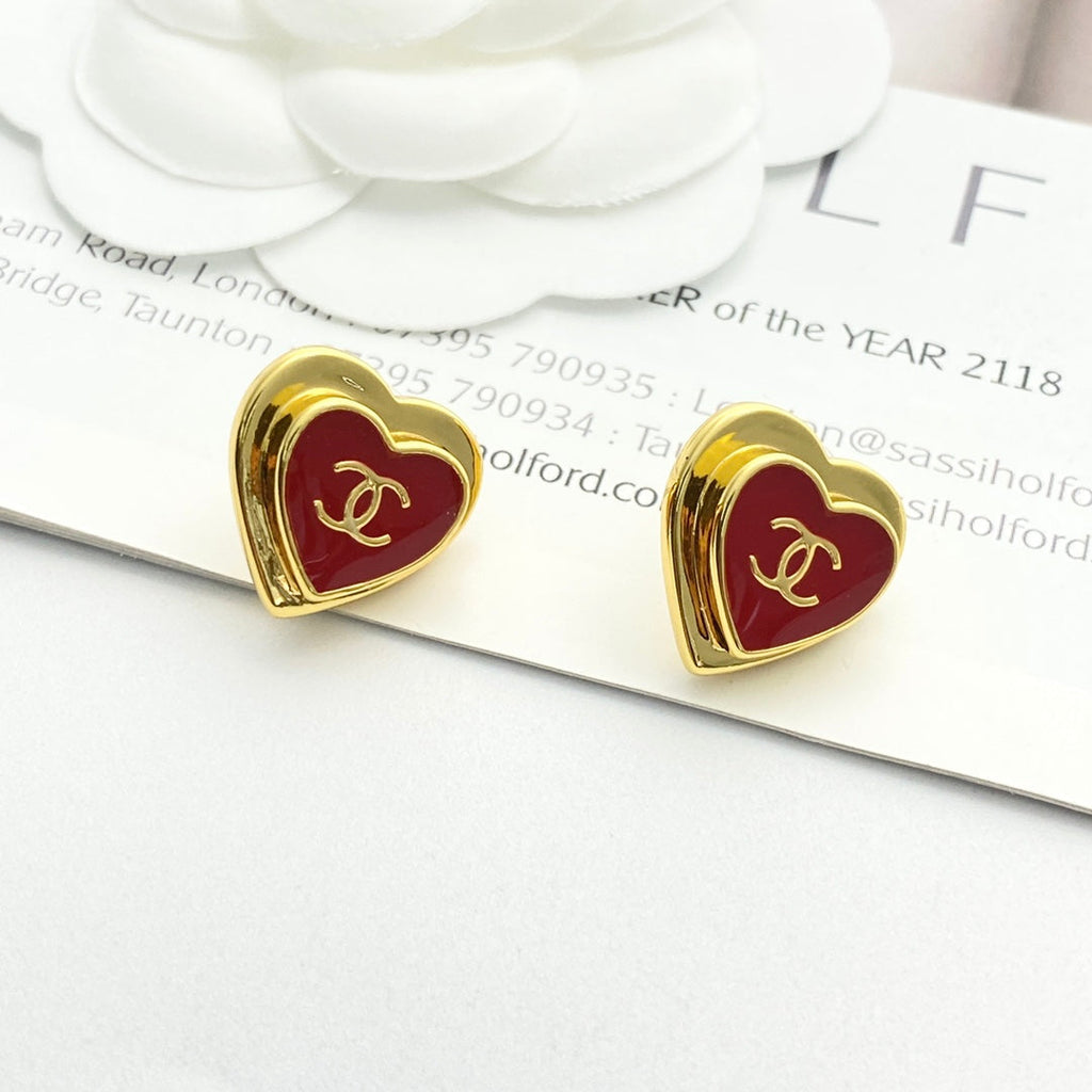 Chanel Red Enamel Gold Double C Heart Earrings