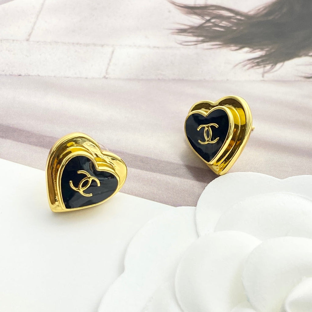 Chanel Black Enamel Gold Double C Heart Earrings