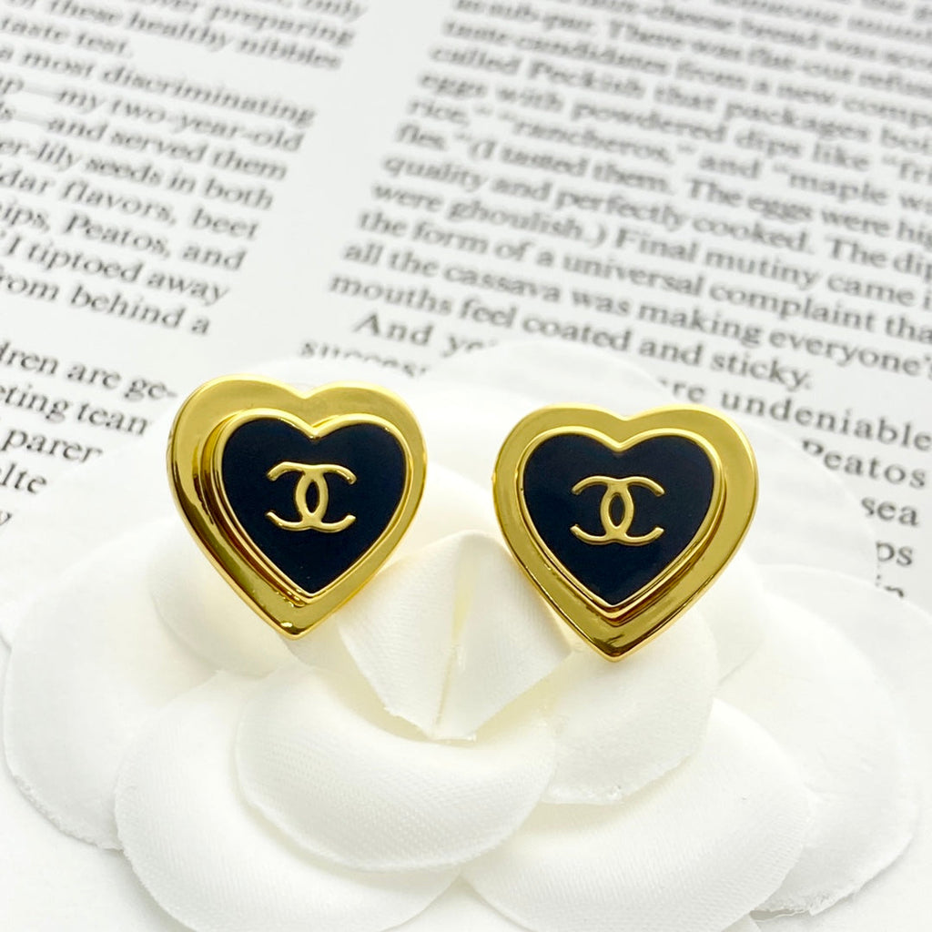 Chanel Black Enamel Gold Double C Heart Earrings