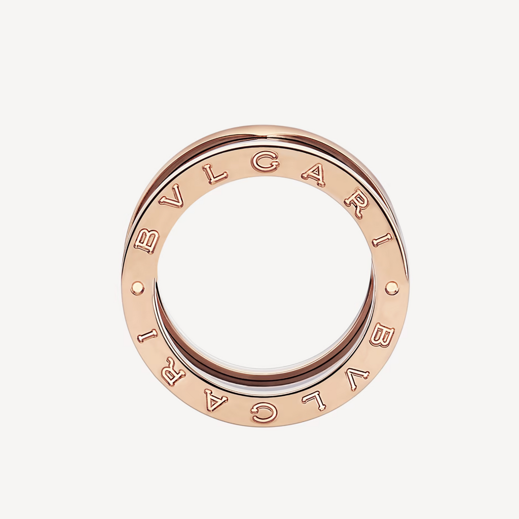 BVLGARI ZERO 1 FOUR-BAND LOOPS AND BLACK CERAMIC SPIRAL PINK GOLD RING