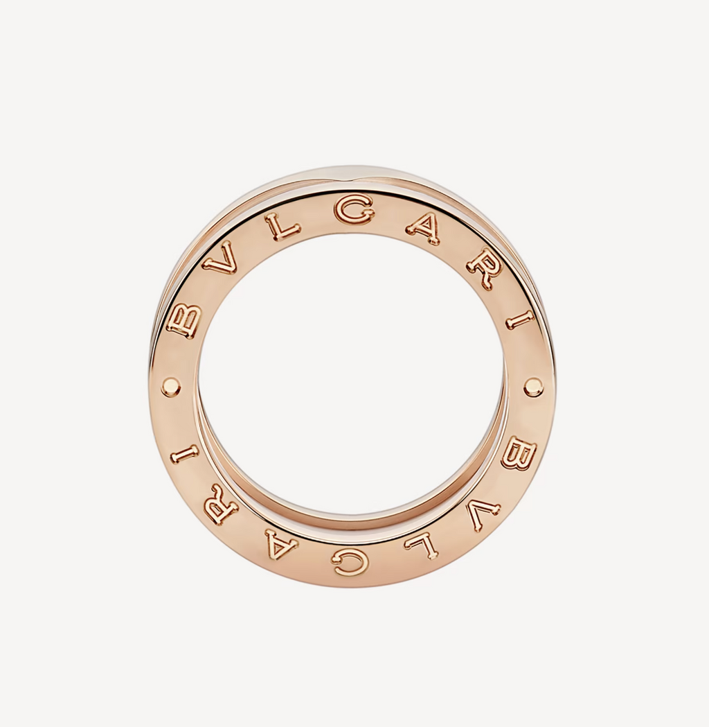BVLGARI ZERO 1 TWO-BAND LOOPS AND WHITE CERAMIC SPIRAL PINK GOLD RING