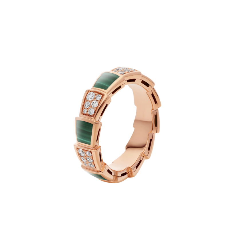 BVLGARI SERPENTI RING PINK GOLD MALACHITE DIAMOND PAVED 4MM