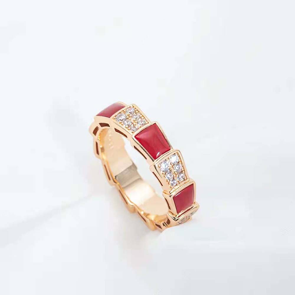 BVLGARI SERPENTI RING PINK GOLD CARNELIAN DIAMOND PAVED 4MM