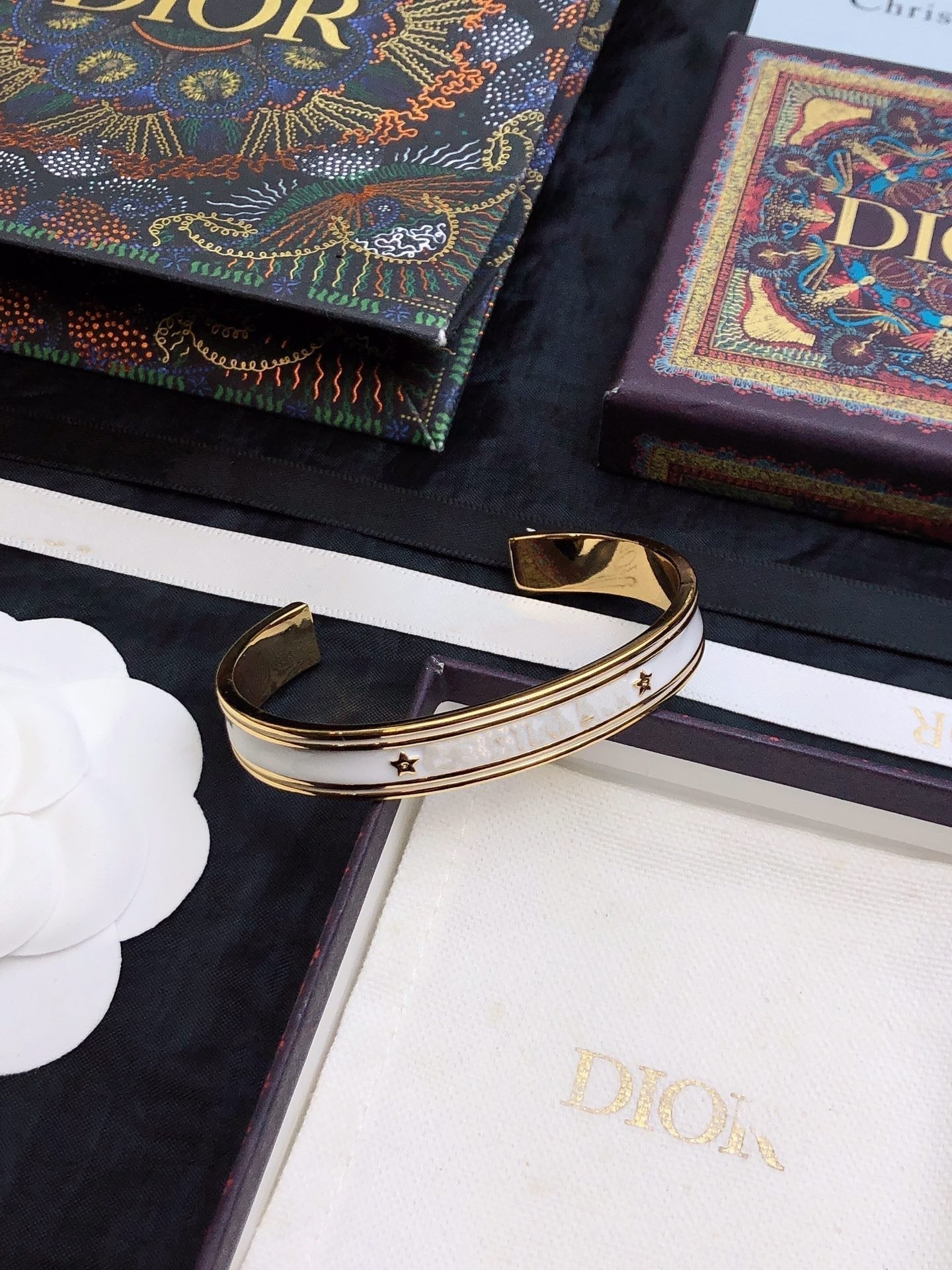 DIOR CODE BANGLE GOLD WHITE METAL AND LACQUER BRACELET