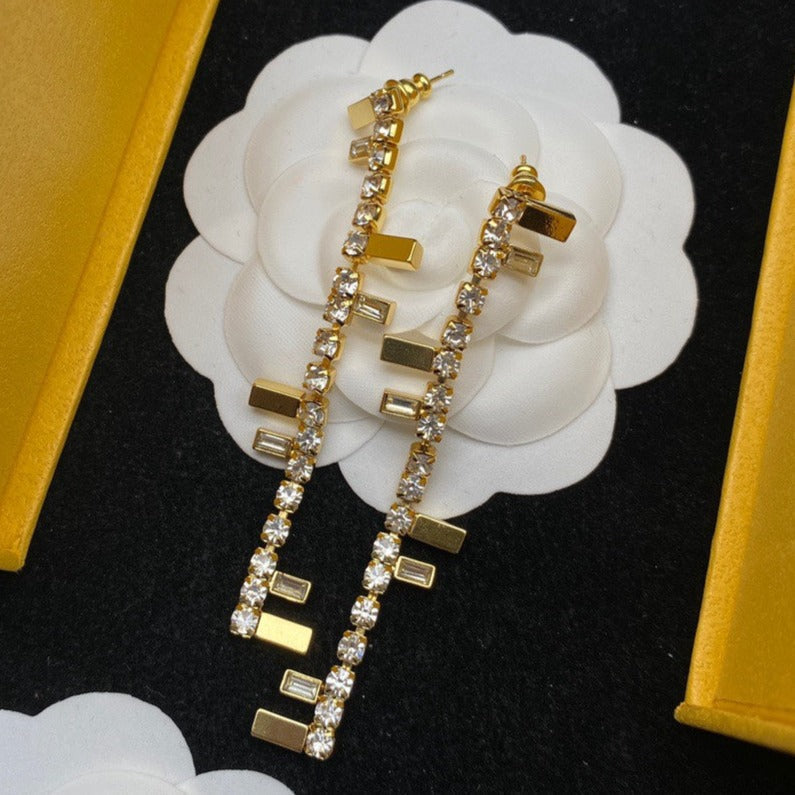 FENDI FF LOGO DROP GOLD DIAMOND EARRINGS