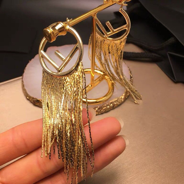 FENDI F LOGO TASSELS GOLD EARRINGS