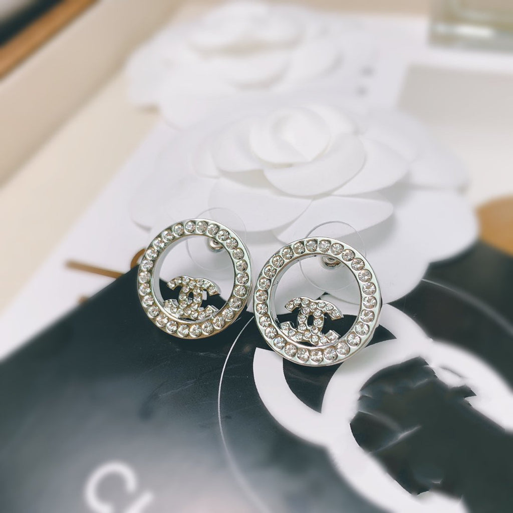 Chanel Double C Silver Diamond Stud Earrings