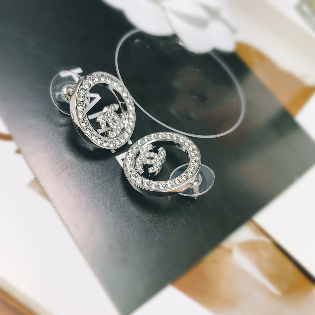 Chanel Double C Silver Diamond Stud Earrings