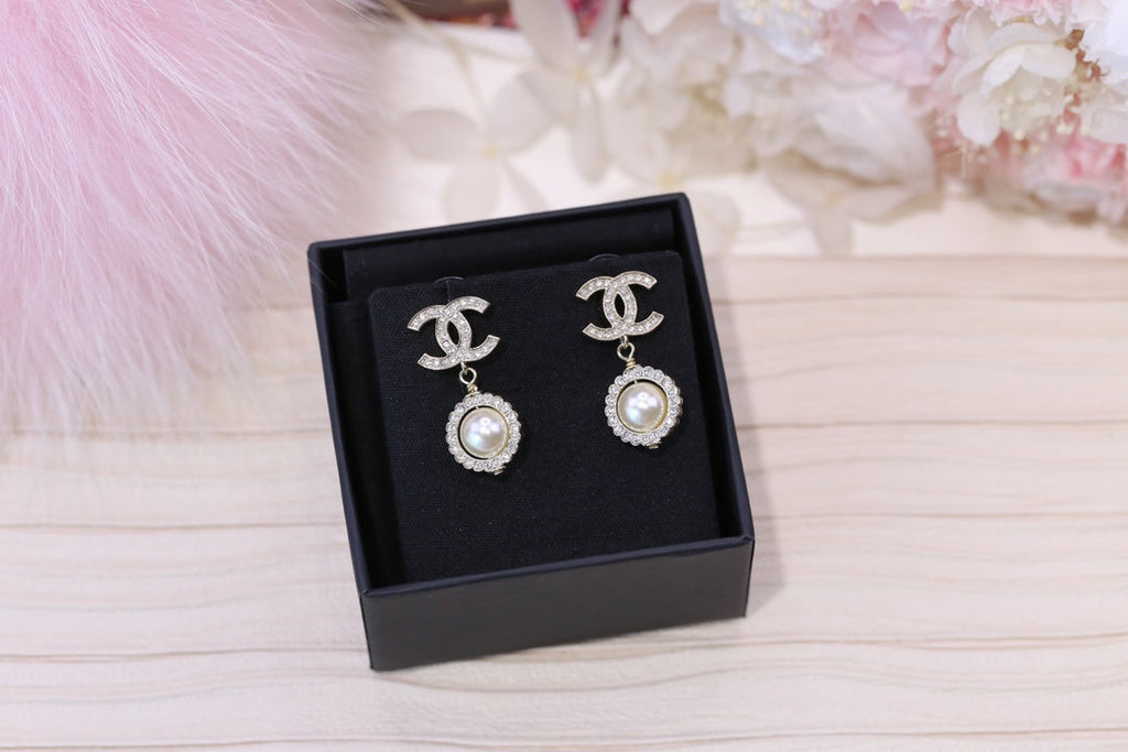 Chanel Double C Pearl Silver Diamond Earrings