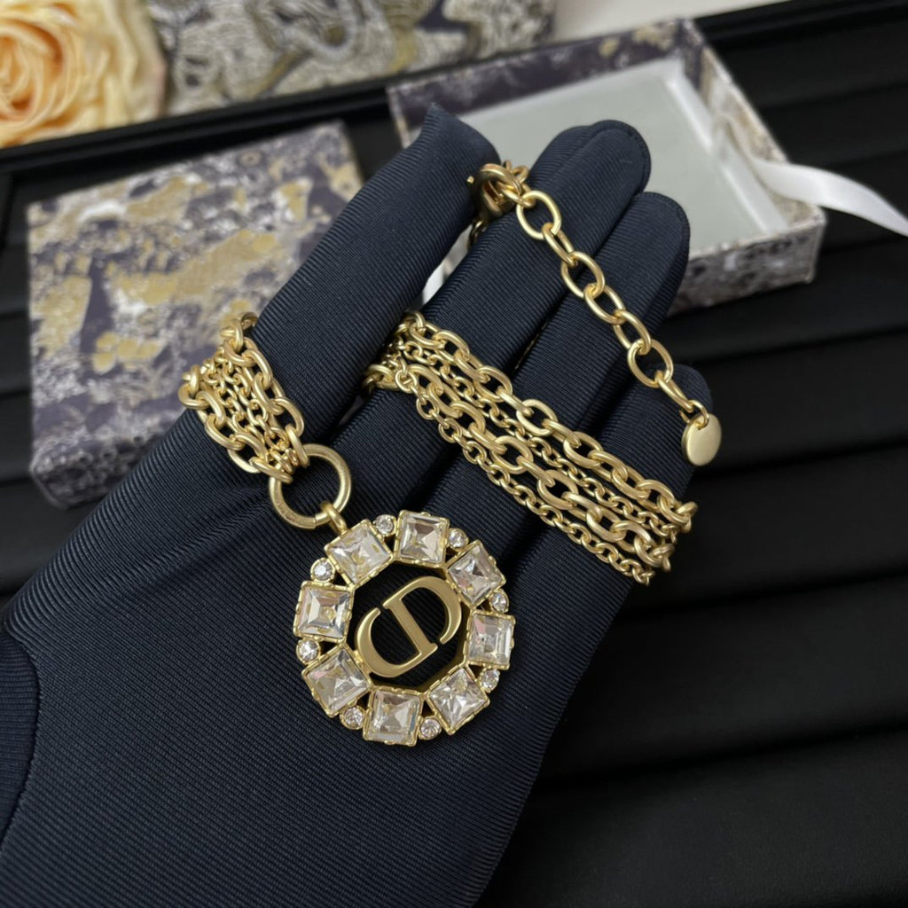 DIOR PETIT CD NECKLACE GOLD-FINISH METAL WITH WHITE AND SILVER