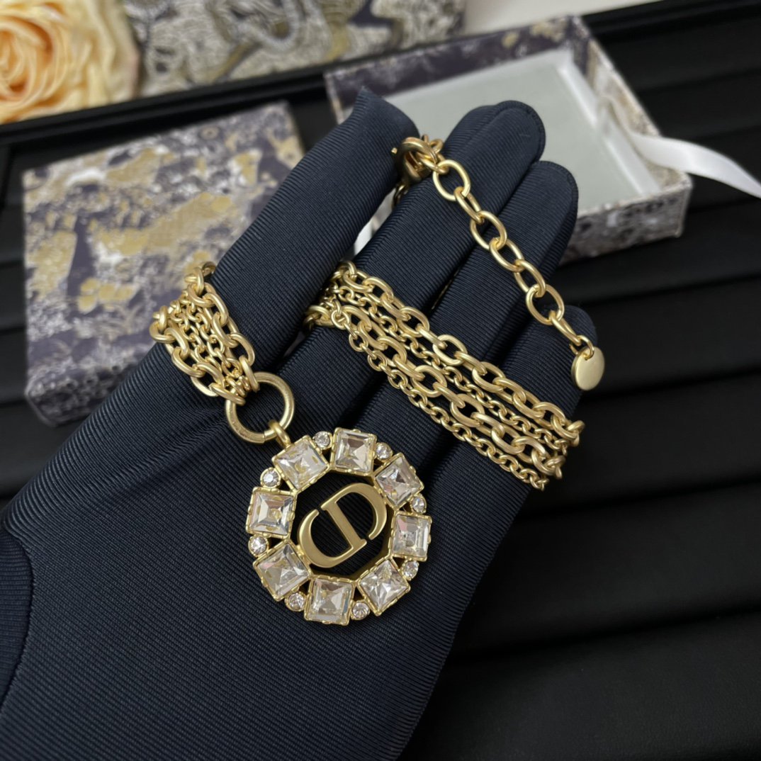 DIOR PETIT CD NECKLACE GOLD-FINISH METAL WITH WHITE AND SILVER