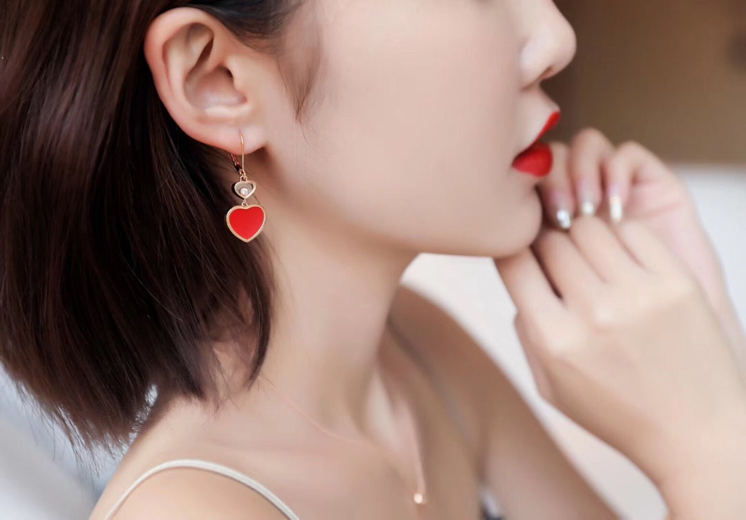 CHOPARD HAPPY HEART EARRINGS CARNELIAN PINK GOLD DIAMOND