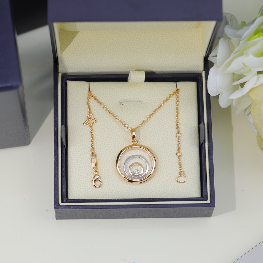 CHOPARD HAPPY HEART NECKLACE TRIPLE RING PINK GOLD 1 DIAMOND